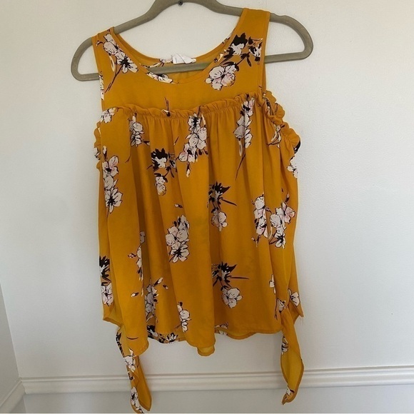 Anthropology Sienna Sky Mustard Yellow Floral Off Shoulder Ruffle Blouse Medium - Picture 1 of 5